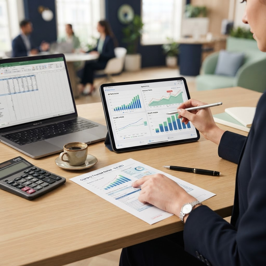 Análisis de gráficos e informes financieros sobre un escritorio de contabilidad
